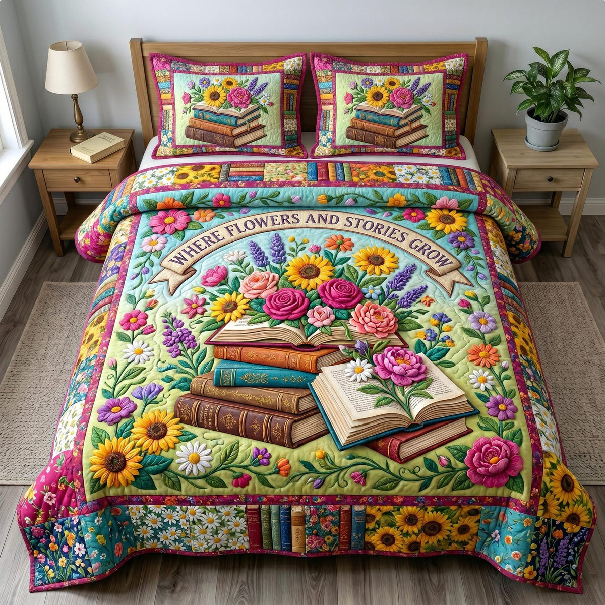 Floral Library quilted 3-piece bedding set on a made bed with two matching pillow shams