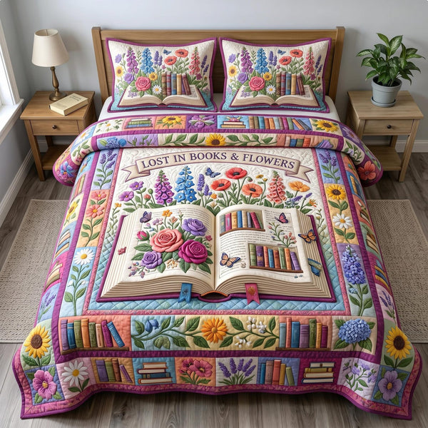 Floral Library quilted 3-piece bedding set on a made bed with two matching pillow shams