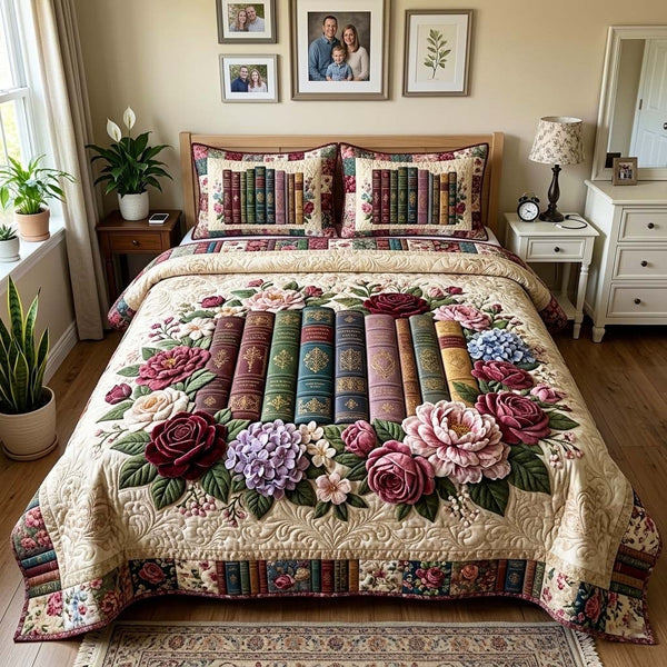 Floral Library quilted 3-piece bedding set on a made bed with two matching pillow shams