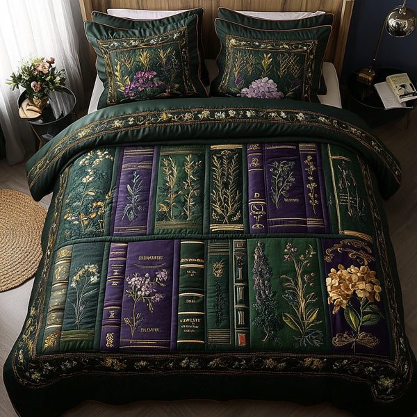 Floral Library quilted 3-piece bedding set on a made bed with two matching pillow shams
