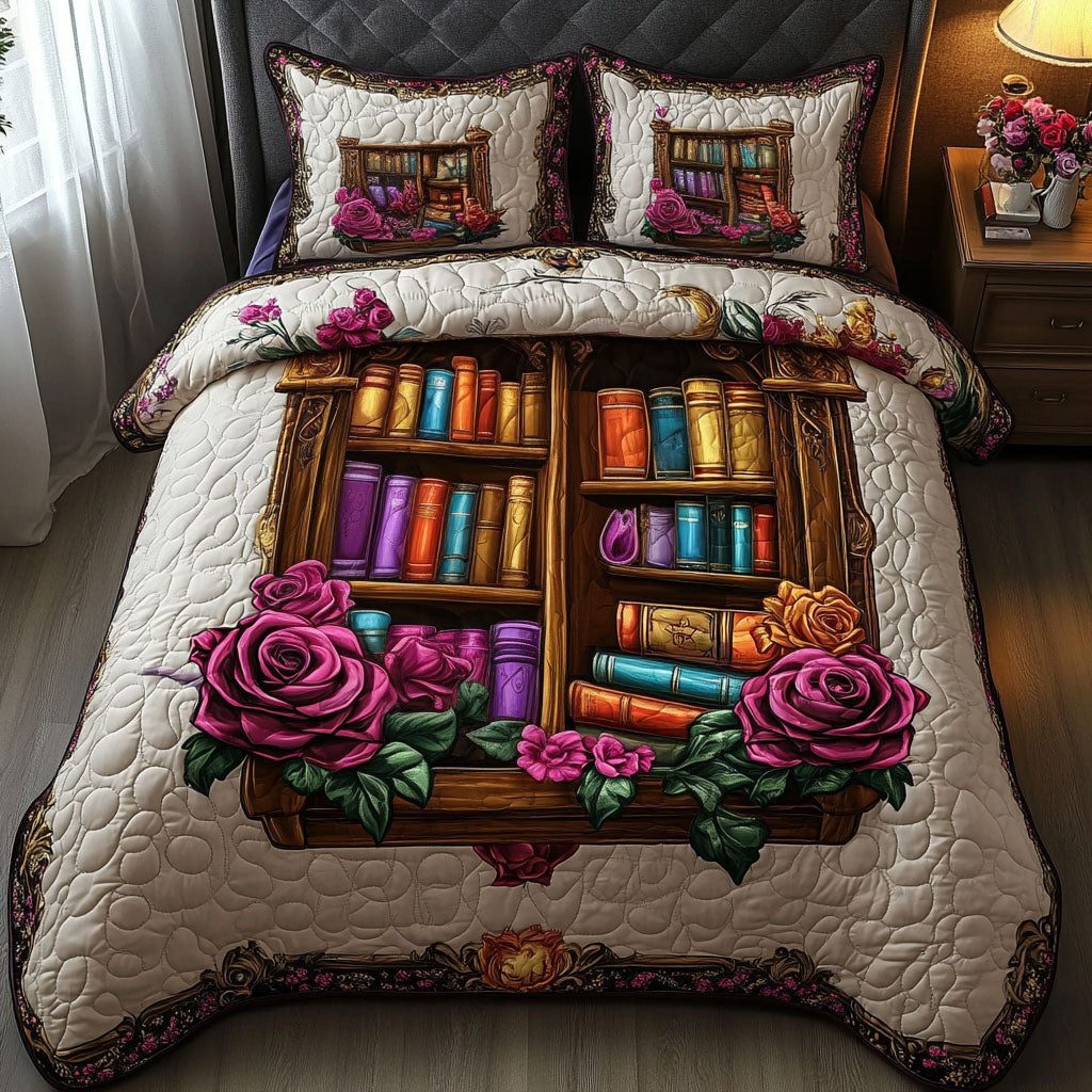 Floral Library quilted 3-piece bedding set on a made bed with two matching pillow shams