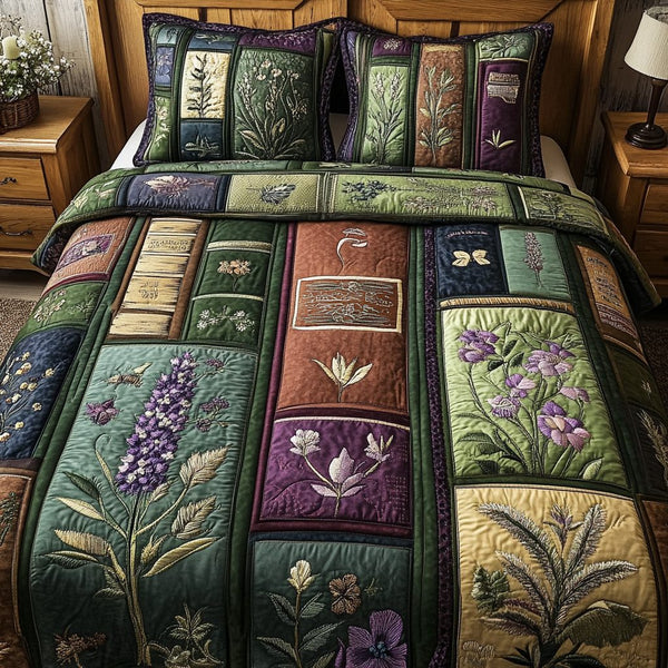 Floral Library quilted 3-piece bedding set on a made bed with two matching pillow shams