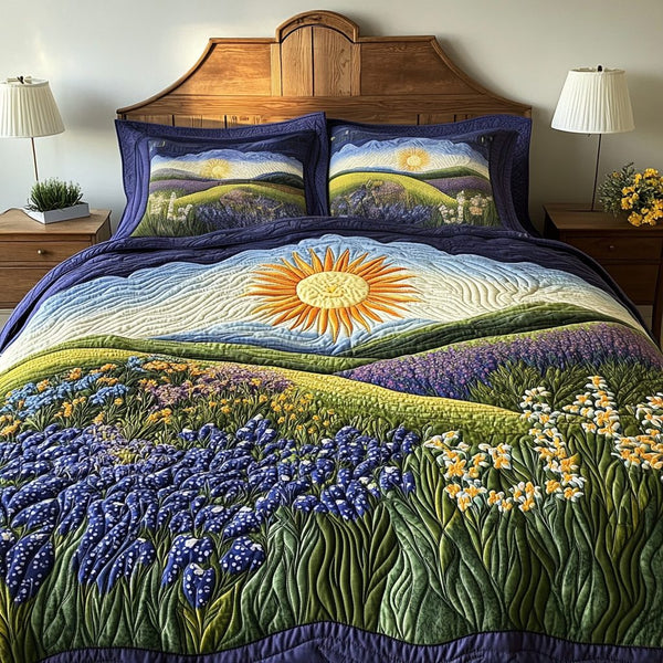 Floral Light quilted 3-piece bedding set on a made bed with two matching pillow shams