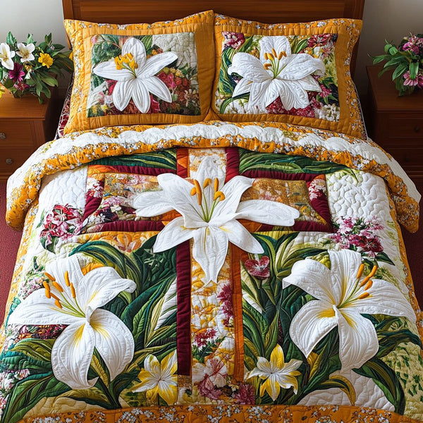 Floral Lily Cross quilted 3-piece bedding set on a made bed in a softly lit bedroom