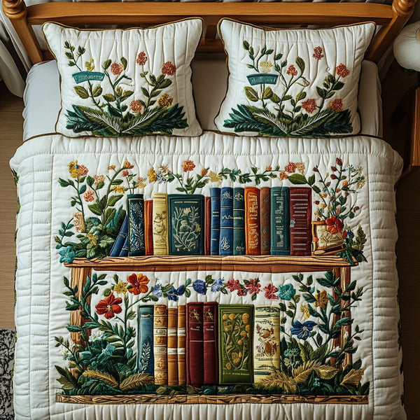 Floral Literature Bliss quilted 3-piece bedding set on a made bed with two matching pillow shams