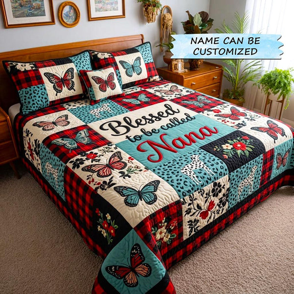 Floral Love 3-Piece Quilted Bedding Set - Design 4 quilted 3-piece bedding set on a made bed with two matching pillow shams