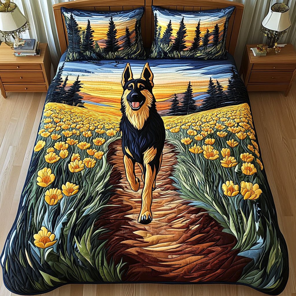 Floral Majesty quilted 3-piece bedding set on a made bed with two matching pillow shams