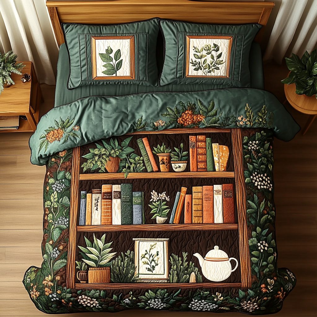 Floral Manuscript quilted 3-piece bedding set on a made bed with two matching pillow shams