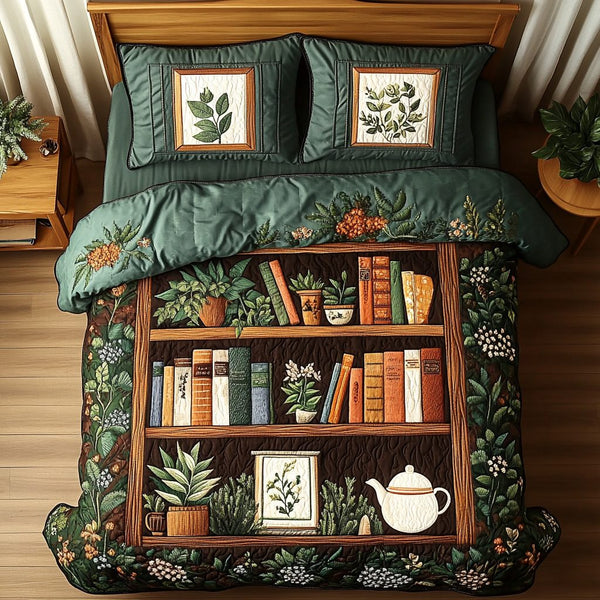 Floral Manuscript quilted 3-piece bedding set on a made bed with two matching pillow shams