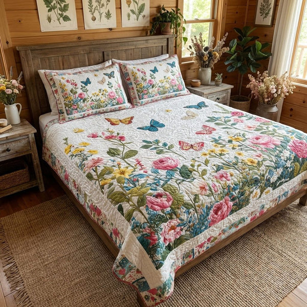 Floral Meadow Escape quilted 3-piece bedding set on a made bed with two matching pillow shams