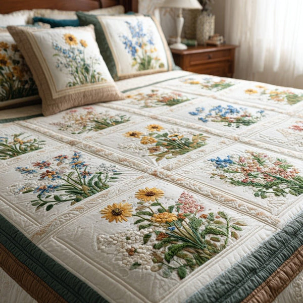 Floral Meadow quilted 3-piece bedding set on a made bed with two matching pillow shams
