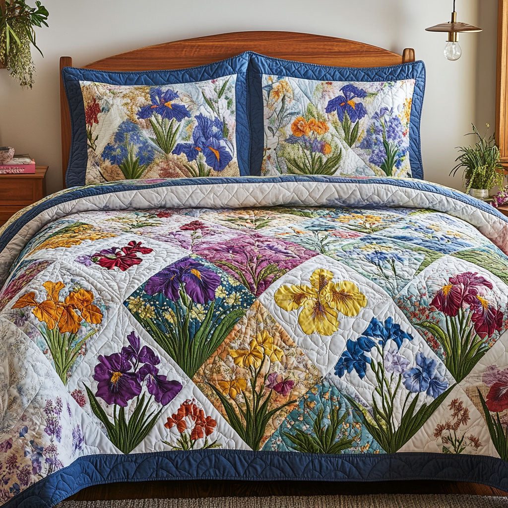 Floral Meadow quilted 3-piece bedding set on a made bed with two matching pillow shams
