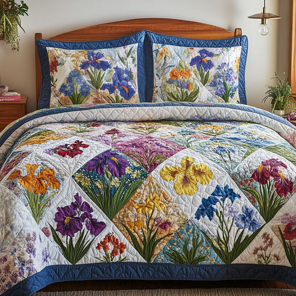Floral Meadow quilted 3-piece bedding set on a made bed with two matching pillow shams