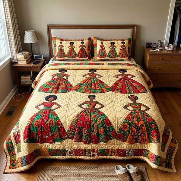 Floral Melanin Elegance quilted 3-piece bedding set on a made bed with two matching pillow shams