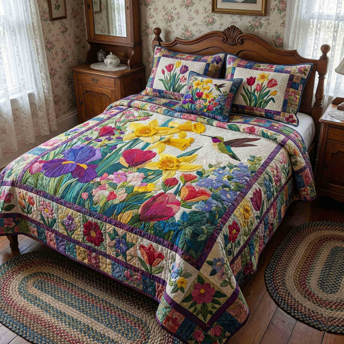 Floral Morning Light quilted 3-piece bedding set on a made bed with two matching pillow shams