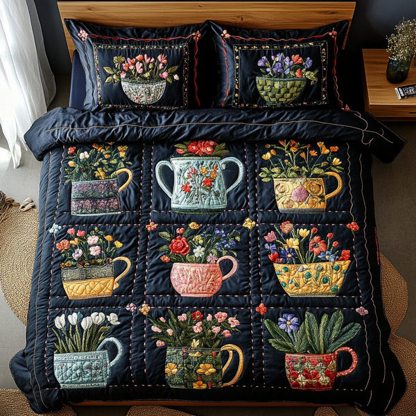 Floral Mugs quilted 3-piece bedding set on a made bed with two matching pillow shams