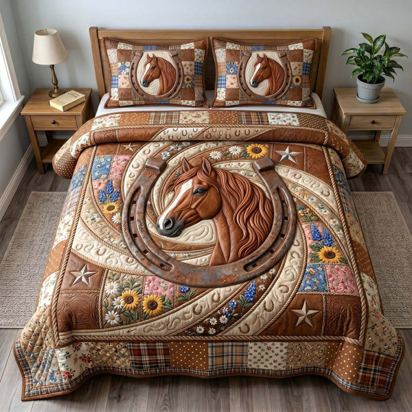 Floral Mustang quilted 3-piece bedding set on a made bed with two matching pillow shams