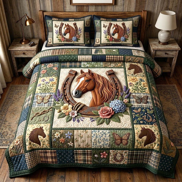 Floral Mustang quilted 3-piece bedding set on a made bed with two matching pillow shams