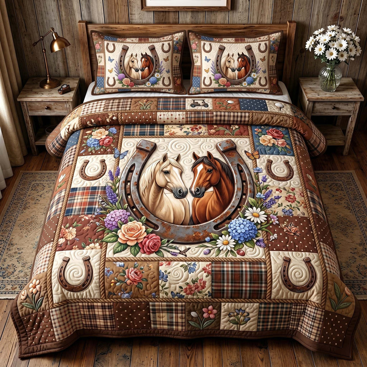 Floral Mustang quilted 3-piece bedding set on a made bed with two matching pillow shams