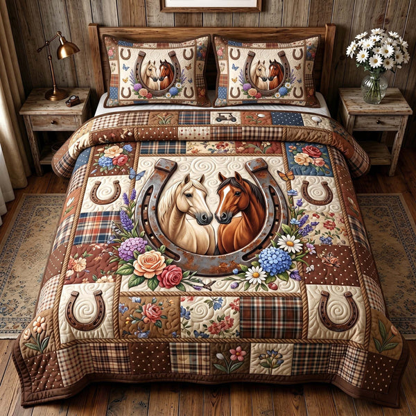 Floral Mustang quilted 3-piece bedding set on a made bed with two matching pillow shams