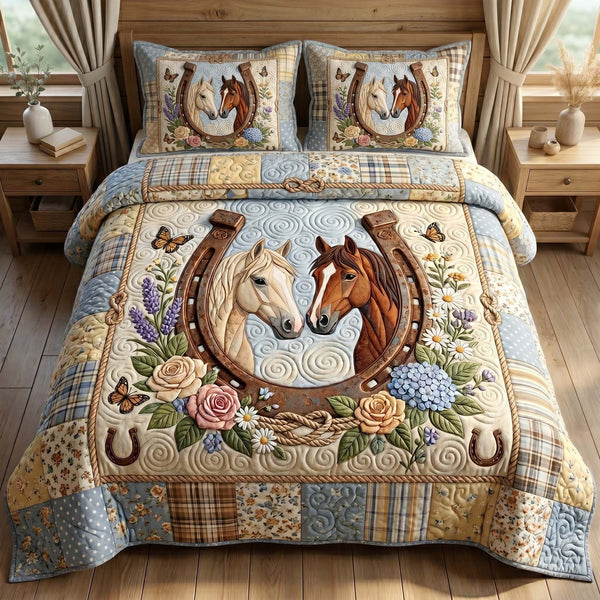 Floral Mustang quilted 3-piece bedding set on a made bed with two matching pillow shams