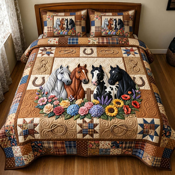 Floral Mustang quilted 3-piece bedding set on a made bed with two matching pillow shams