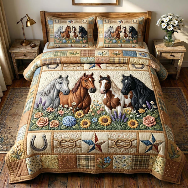 Floral Mustang quilted 3-piece bedding set on a made bed with two matching pillow shams