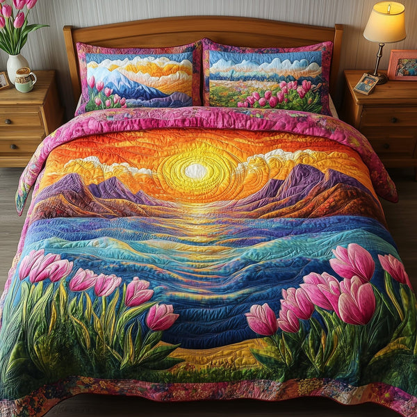 Floral Paradise quilted 3-piece bedding set on a made bed with two matching pillow shams