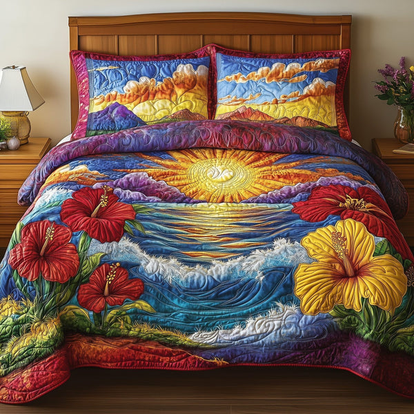 Floral Paradise quilted 3-piece bedding set on a made bed with two matching pillow shams