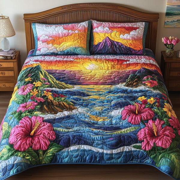 Floral Paradise quilted 3-piece bedding set on a made bed with two matching pillow shams