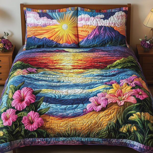 Floral Paradise quilted 3-piece bedding set on a made bed with two matching pillow shams