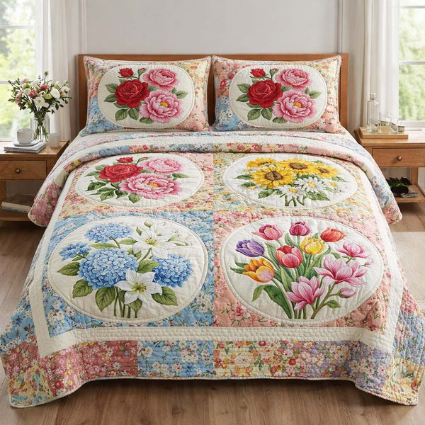 Floral Paradise quilted 3-piece bedding set on a made bed with two matching pillow shams