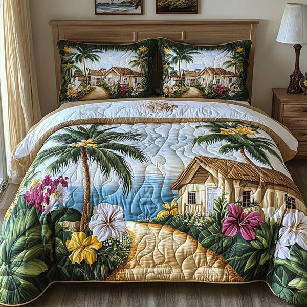 Floral Paradise quilted 3-piece bedding set on a made bed with two matching pillow shams