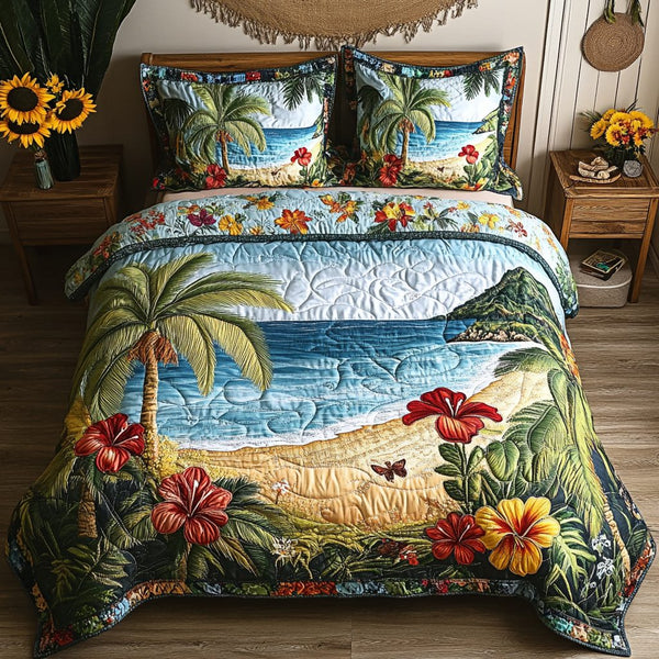 Floral Paradise quilted 3-piece bedding set on a made bed with two matching pillow shams