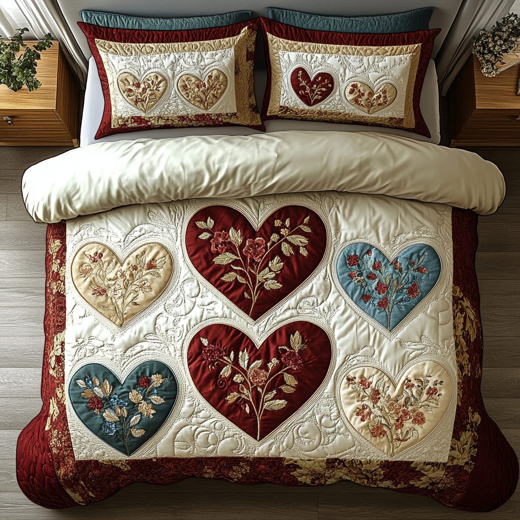 Floral Passion quilted 3-piece bedding set on a made bed with two matching pillow shams