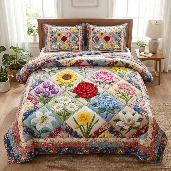 Floral Patch quilted 3-piece bedding set on a made bed with two matching pillow shams