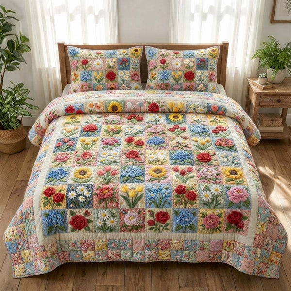 Floral Patch quilted 3-piece bedding set on a made bed with two matching pillow shams