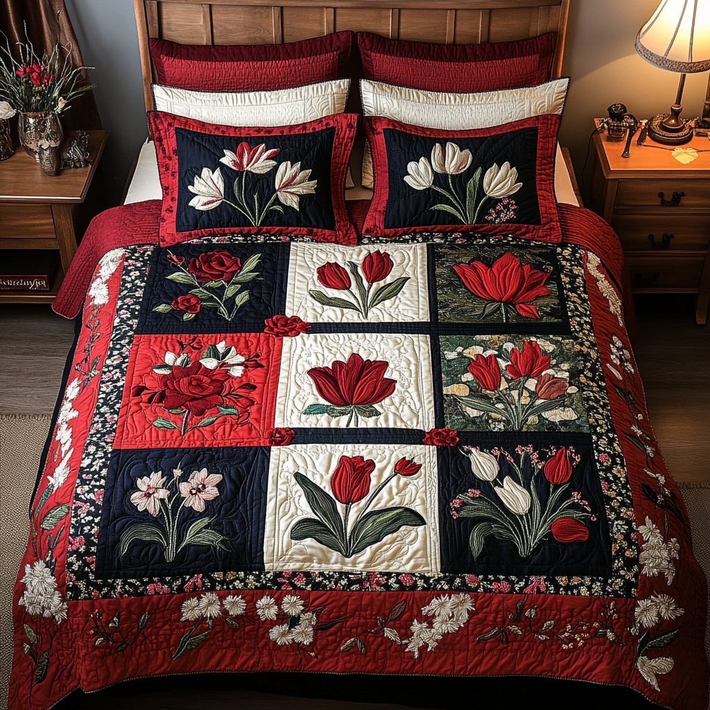 Floral Patch quilted 3-piece bedding set on a made bed with two matching pillow shams