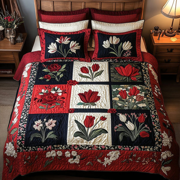 Floral Patch quilted 3-piece bedding set on a made bed with two matching pillow shams