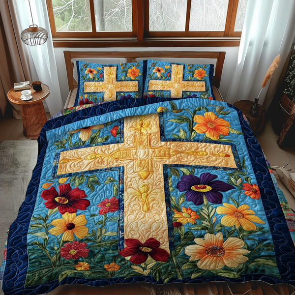Floral Patchwork Cross quilted 3-piece bedding set on a made bed in a softly lit bedroom