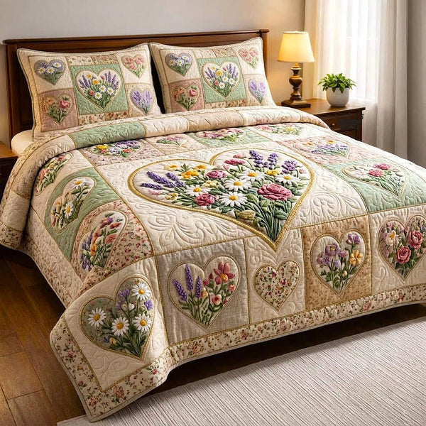 Floral Patchwork quilted 3-piece bedding set on a made bed in a farmhouse bedroom