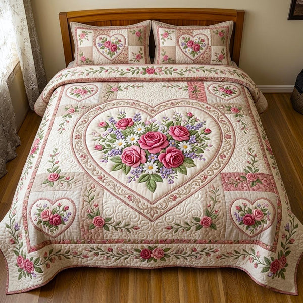 Floral Patchwork quilted 3-piece bedding set on a made bed in a farmhouse bedroom