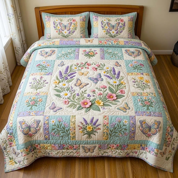 Floral Patchwork quilted 3-piece bedding set on a made bed in a farmhouse bedroom