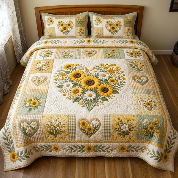 Floral Patchwork quilted 3-piece bedding set on a made bed in a farmhouse bedroom