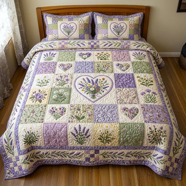 Floral Patchwork quilted 3-piece bedding set on a made bed in a farmhouse bedroom