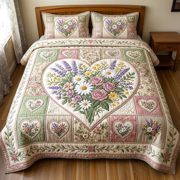 Floral Patchwork quilted 3-piece bedding set on a made bed in a farmhouse bedroom
