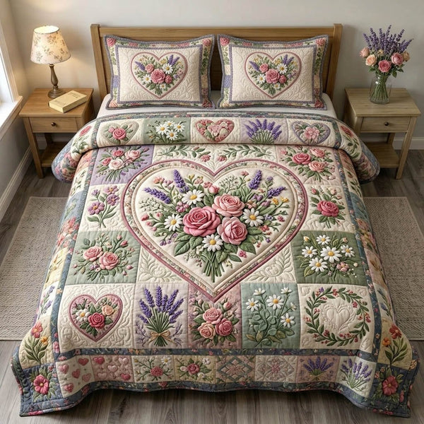 Floral Patchwork quilted 3-piece bedding set on a made bed in a farmhouse bedroom