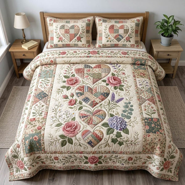 Floral Patchwork quilted 3-piece bedding set on a made bed in a farmhouse bedroom