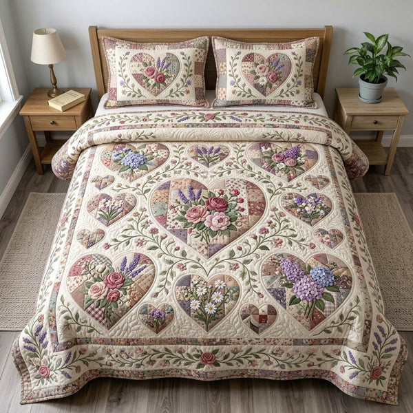 Floral Patchwork quilted 3-piece bedding set on a made bed in a farmhouse bedroom