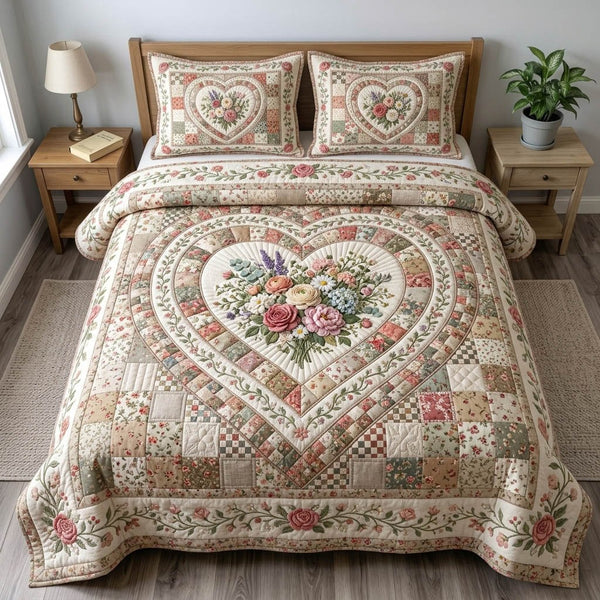 Floral Patchwork quilted 3-piece bedding set on a made bed in a farmhouse bedroom